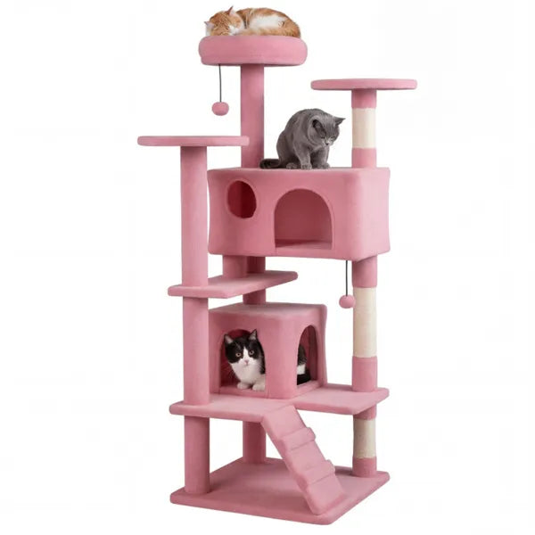 52" Tall Cat Tree Tower With Perches & Condos, Multi-Cat Playground With Scratching Posts (Pink) - view 3