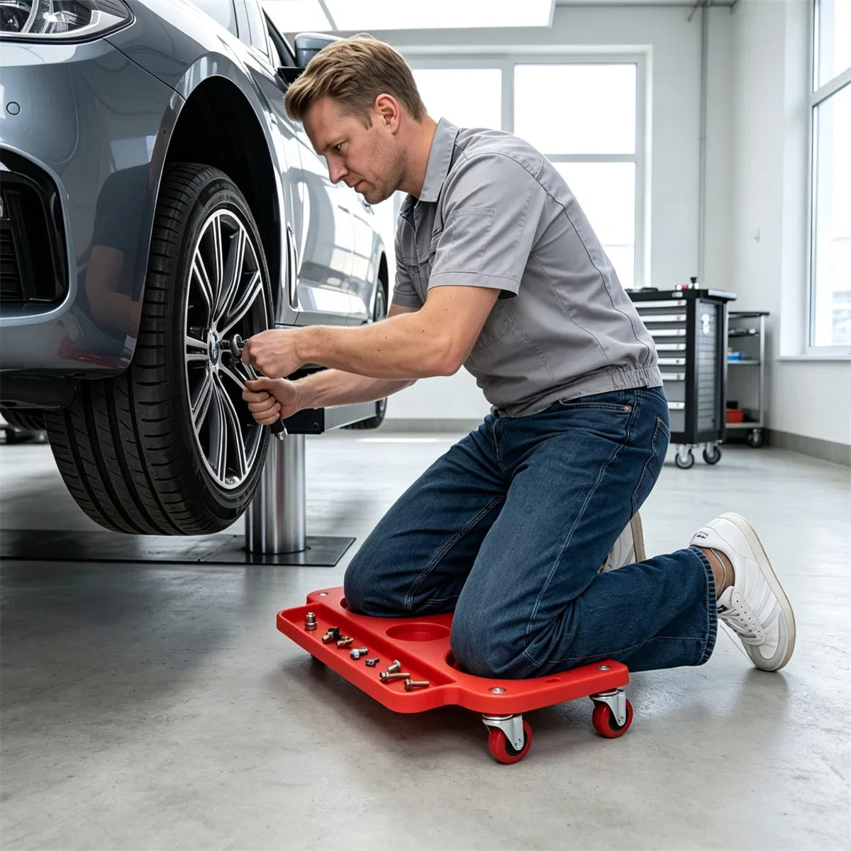Red Rolling Knee Creeper with EVA Foam Cushioned Pads, 300 LBS Capacity Garage Knee Dolly with Magnetic & Long Tool - view 9