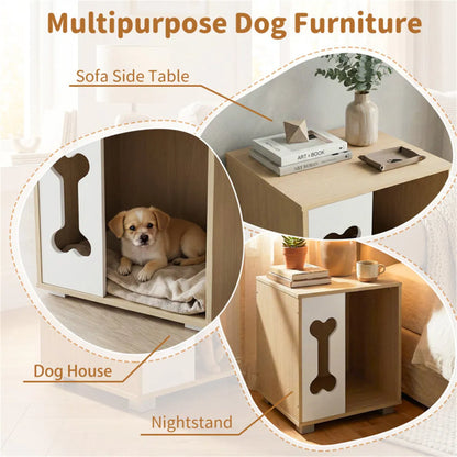 Cat Dog House Dog Bed Side Table Wooden Dog Condo with Bone-shape Window and Thick Metal Legs - view 6