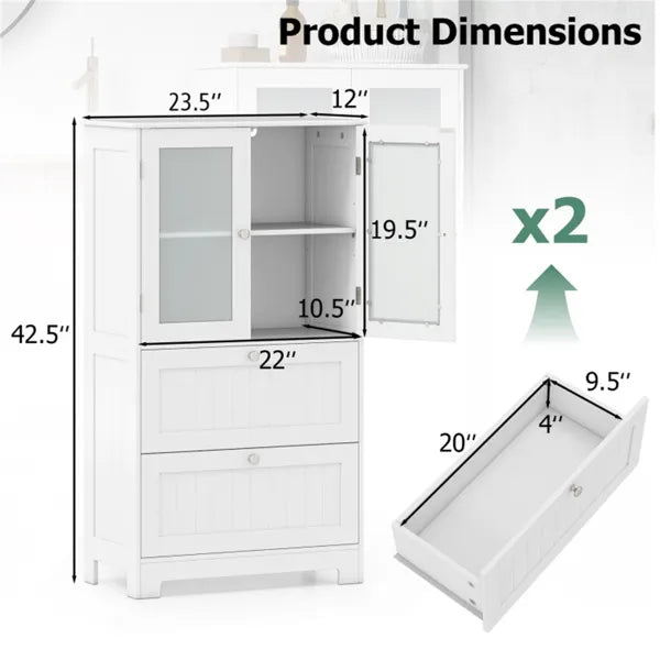 Freestanding Floor Storage Cabinet With Adjustable Shelf & 2 Drawers, Frosted Tempered Glass Door Sideboard - view 5