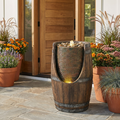 Outdoor Barrel Water Fountain With Lights Rustic Wood Look Resin Handmade Waterfall Garden Decor For Patio Yard Porch - view 5