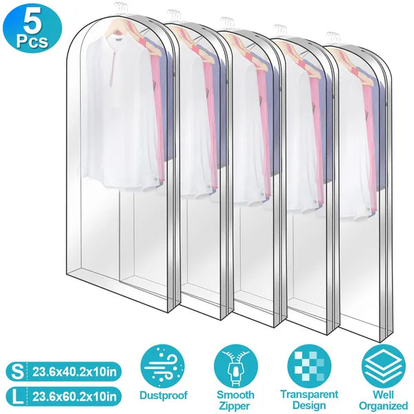 5 Pack Garment Bag For Hanging Clothes Dustproof Waterproof Hanging Clothes Storage Bag Clear Transparent Suits Cover