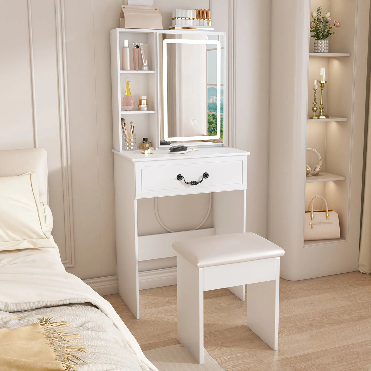 Modern Mini Dressing Table with LED-lit Mirror & Hidden Storage,Includes Padded Stool,Adjustable Brightness Vanity Desk - view 2