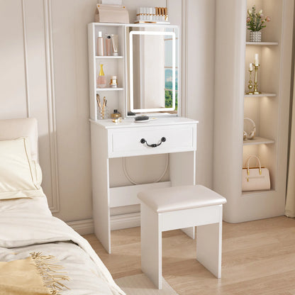 Modern Mini Dressing Table with LED-lit Mirror & Hidden Storage,Includes Padded Stool,Adjustable Brightness Vanity Desk - view 2