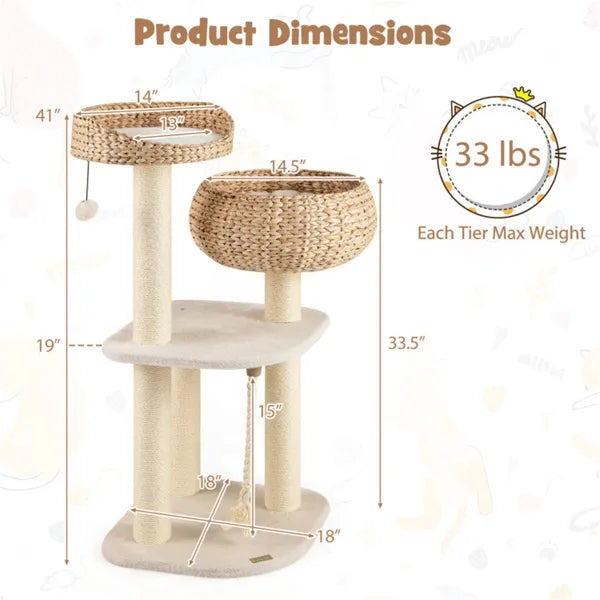 41 Inch Hand-Woven Water Hyacinth Cat Tree, 3 Sisal Scratching Posts Multi-Level Activity Center For Cats-White - view 2