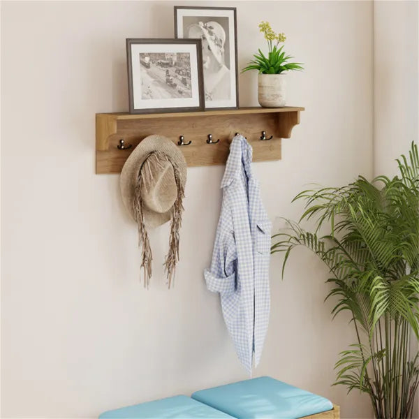 Wall Mount Coat Rack With Shelf - 31.5" x5.5" x8", 6 Hooks & 110LBS Capacity (Natural) - view 5