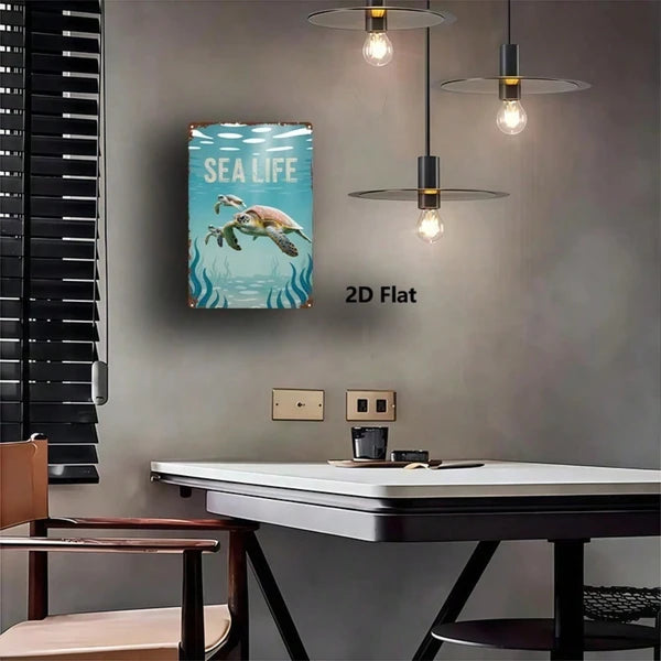 1pc 2D Metal Sea Turtle Wall Decor, 8x12 Inch Marine Life Tin Sign, Square Iron Hanging Art Poster For Home Bar Cafe - view 3