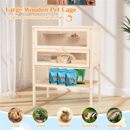 31.5 " Fir Wood Hamster Cage with Flip Mesh Roof, Multi-Level Activity Areas & Bottom Storage Shelf - view 6