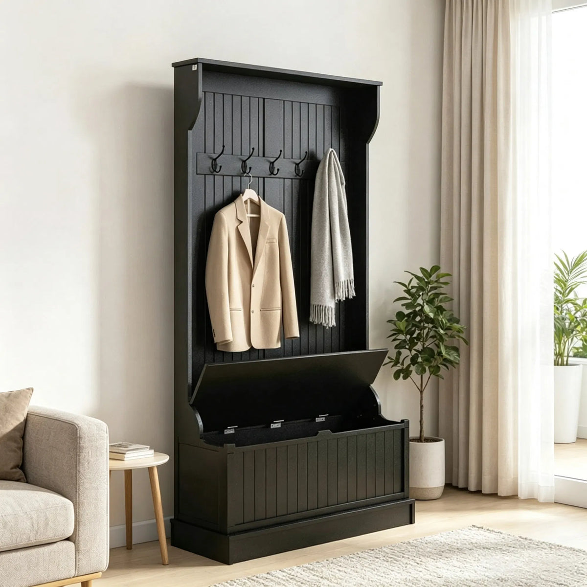 Black 3-In-1 Entryway Bench Coat Rack Hall Tree with Shoe Storage 5 Hooks for Hallway - Bench And Storage Furniture - view 6
