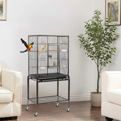 53" Large Flight Bird Cage with Rolling Stand & Storage Shelf for Parrots Lovebird Cockatiel Parakeets, Black - view 10