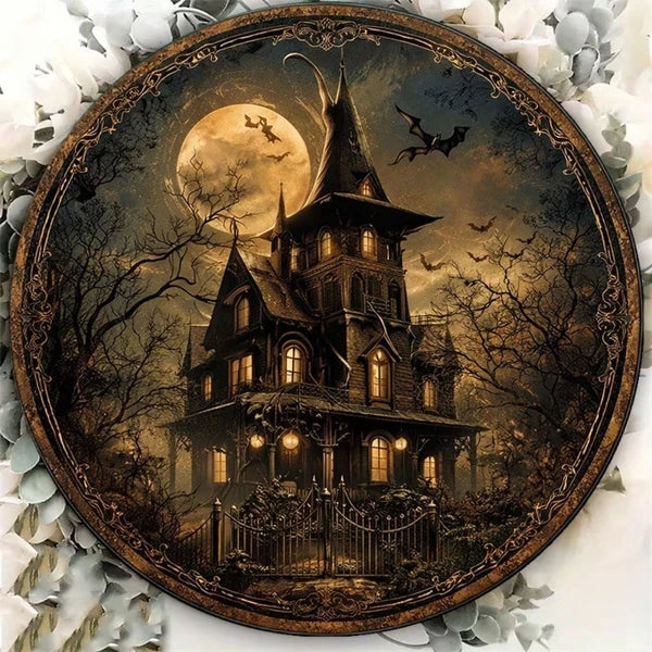 1pc 8x8in Vintage Halloween Sign, Sign, 2D Flat Round Plaque, Flat Round Plaque, Haunted House Horror Castle Decor
