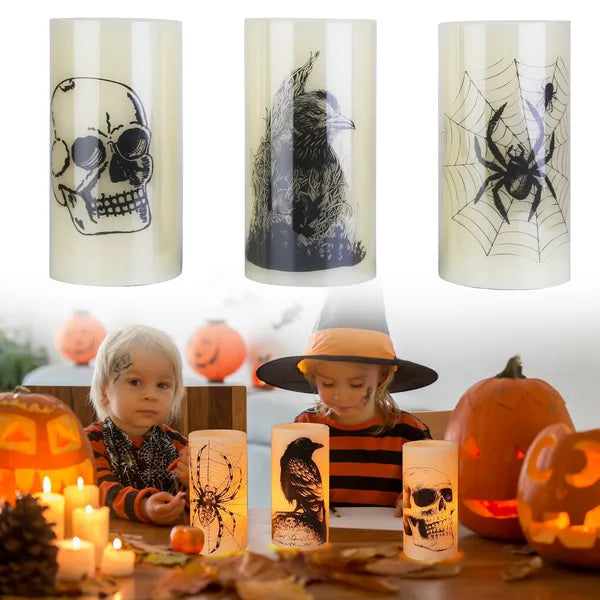 3 Pack Halloween Flameless Candle Lamp With Timer Setting Battery Operated Warm Orange Light Candles For Halloween