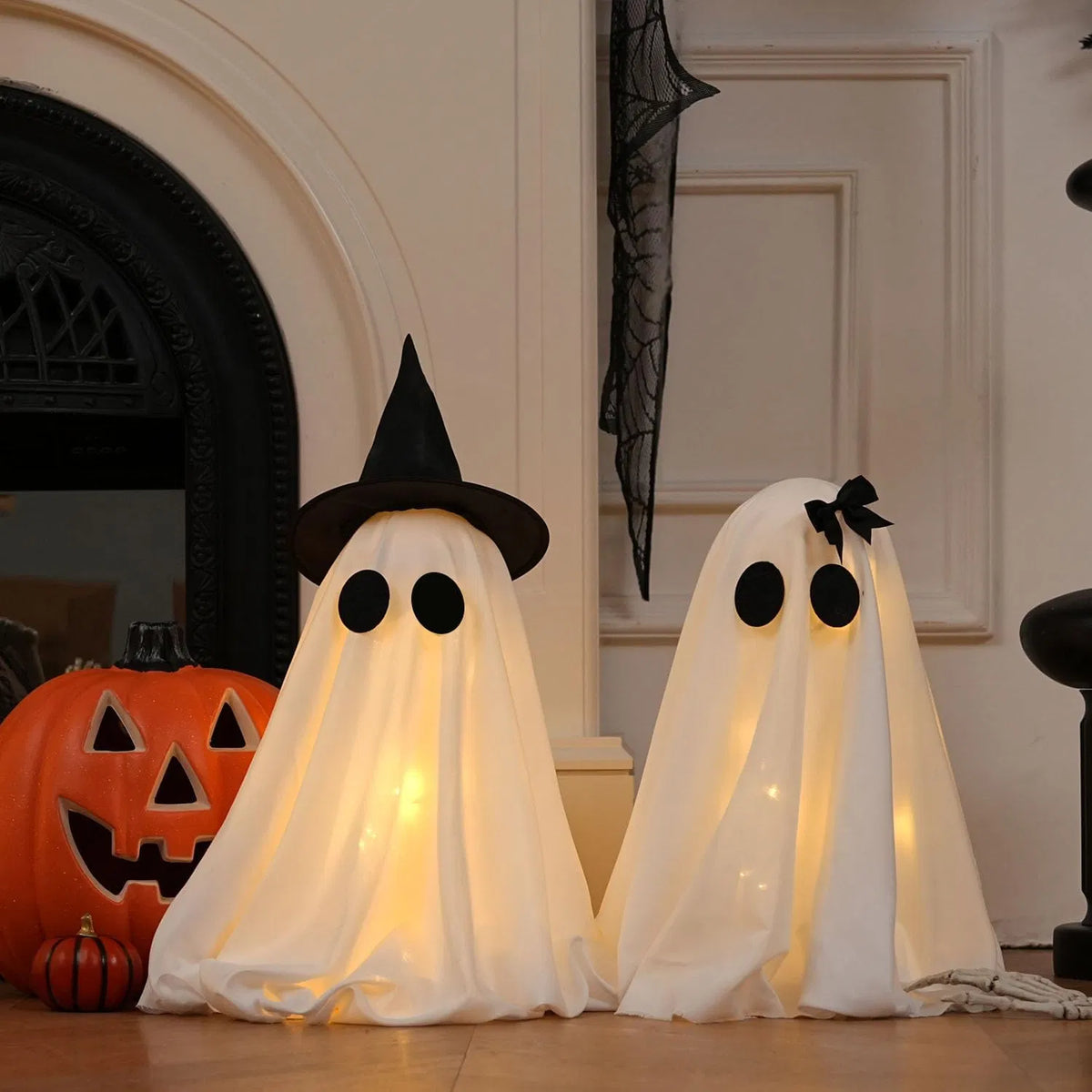 Light Up Halloween Scary Ghost Decorations, Set of 2 DIY Spooky Crafts for Indoor Home Mantel Shelf & Tabletop Decor