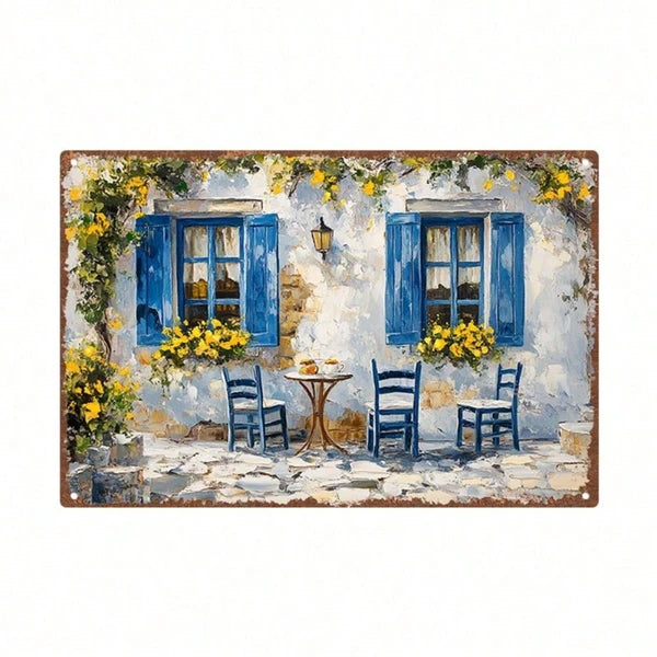 Vintage Greek Caf | Blue Door Floral Metal Tin Sign Heavy-Duty Waterproof Rustproof Iron Poster 11.81x7.87Inch Retro - view 3
