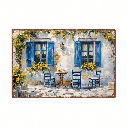 Vintage Greek Caf | Blue Door Floral Metal Tin Sign Heavy-Duty Waterproof Rustproof Iron Poster 11.81x7.87Inch Retro - view 3