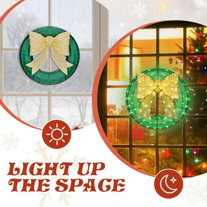 24in Pre-lit Outdoor Christmas Wreath Decoration, Lighted Metal Wreath With Golden Bow, Green And Warm White LED Lights - view 8