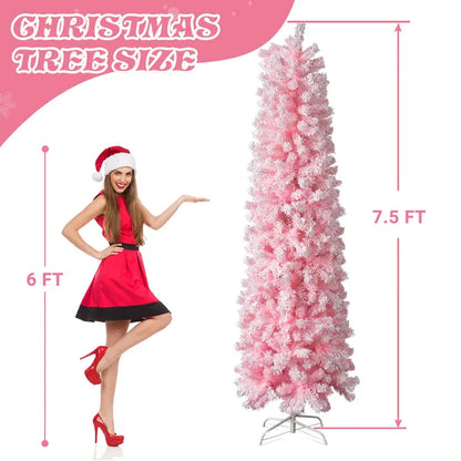7.5 FT Snow Flocked Hinged Christmas Tree, Artificial Pencil Christmas Tree - view 4