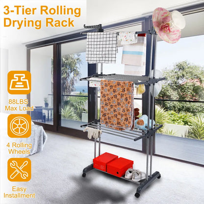 Clothes Drying Rack Rolling Collapsible Laundry Dryer Hanger Stand Rail Shelve Wardrobe Clothing Drying Racks - view 6