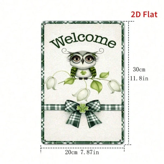 Vintage Green Owl Metal Sign, Cute Floral Wall Art, Waterproof Rustproof 2D Flat Decor For Home Cafe Restaurant Office