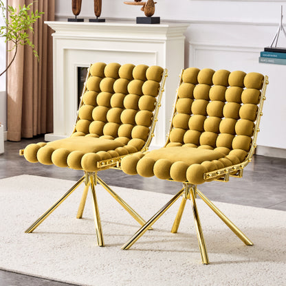 Set Of 2 Yellow Puffy Bubble Chair Ball Chain Chair Velvet Dining Chairs With Gold Legs