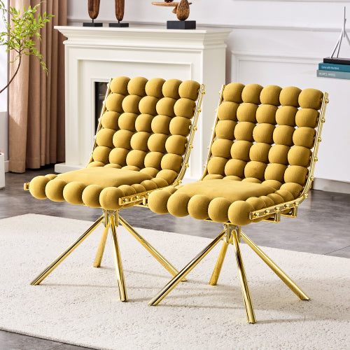 Set Of 2 Yellow Puffy Bubble Chair Ball Chain Chair Velvet Dining Chairs With Gold Legs