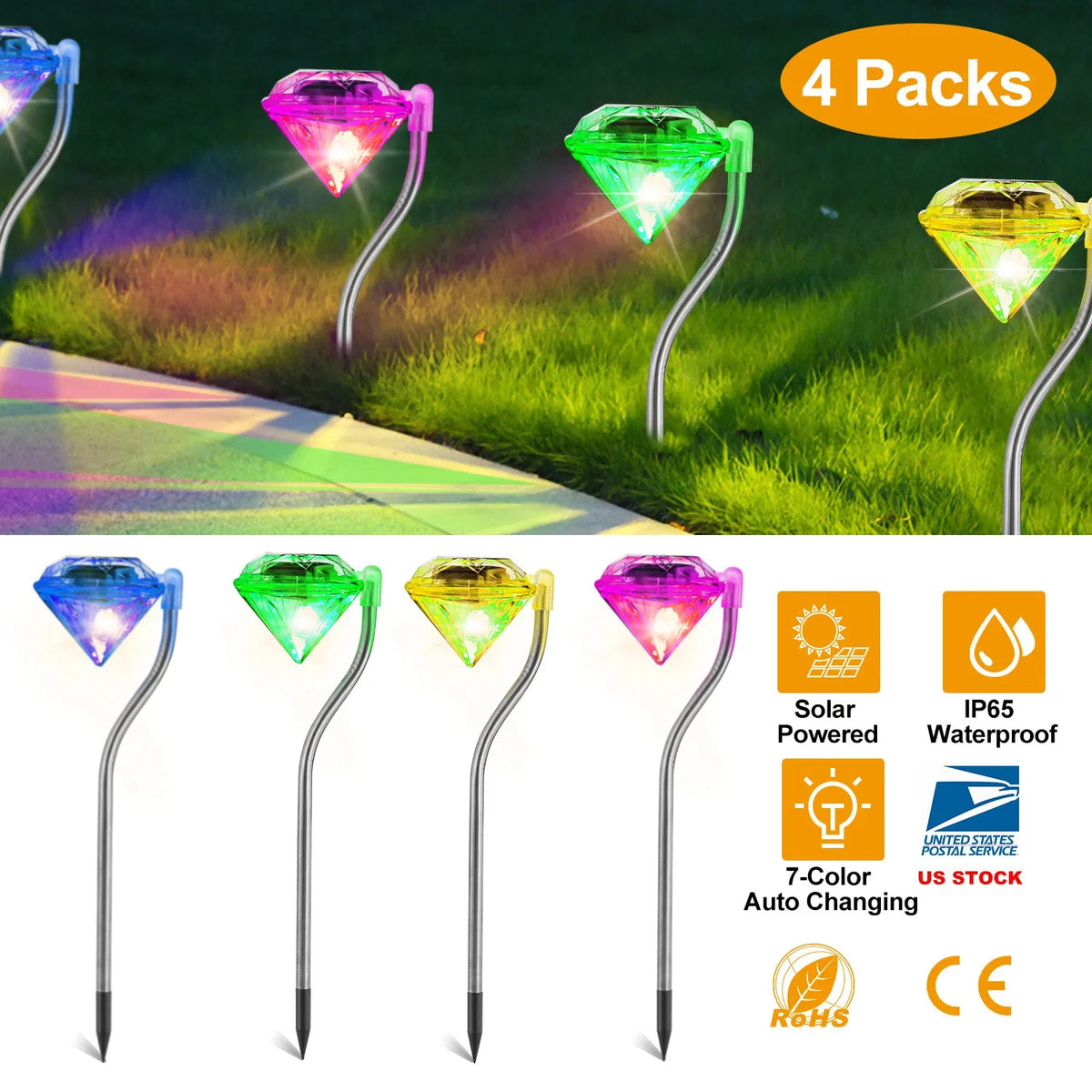 4Pcs Solar Garden Light Outdoor Diamond LED Light 7-Color Changing IP65 Waterproof Pathway Stake Decorative Lamp - view 3