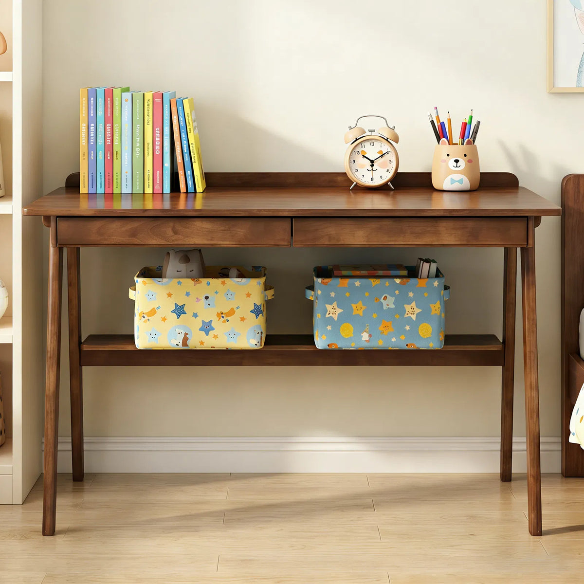 Solid Wood Writing Desk, Home Office Desk for Small Spaces, Mid Century Modern Desks with 2 Drawers & Storage Shelf - view 8