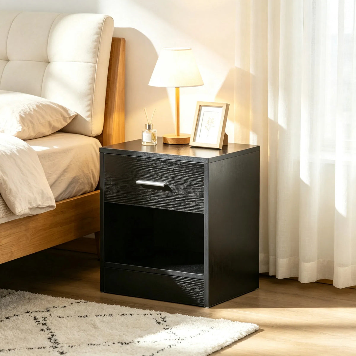 Black Wood Grain Modern Side Table with Drawer & Storage Shelf, Compact End Table for Living Room - view 4