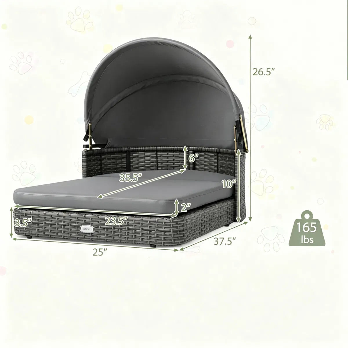 Gray Hand-Woven PE Rattan Dog Bed with Adjustable Canopy, Elevated Outdoor Pet Daybed with Washable Plush Cushion - view 9
