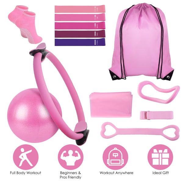 14Pcs All-in-One Pilates Kit, Pilates Ring Yoga Ball Resistance Bands Set With Carry Bag - view 2