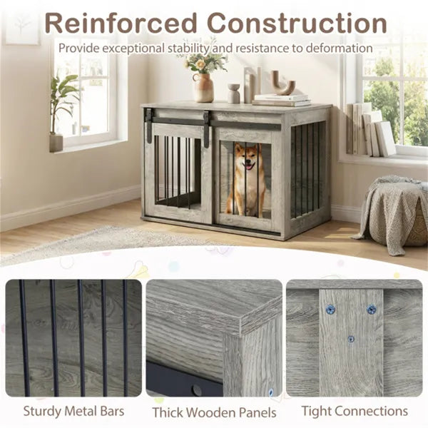 31.5" Dog Crate Furniture With Sliding Barn Door, Wooden Dog Kennel End Table For Indoor Use - Gray - view 5