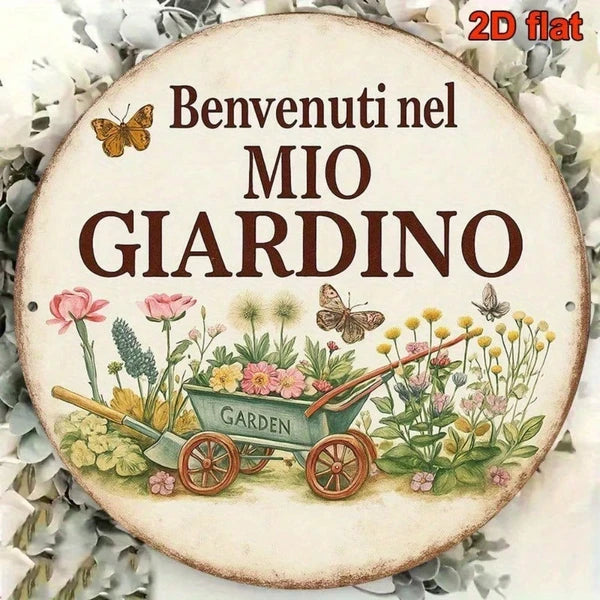 Vintage Welcome To My Garden Sign Italian Language, 8x8 Inch Round French Aluminum Plaque - view 5