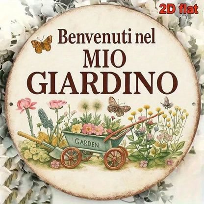 Vintage Welcome To My Garden Sign Italian Language, 8x8 Inch Round French Aluminum Plaque - view 5