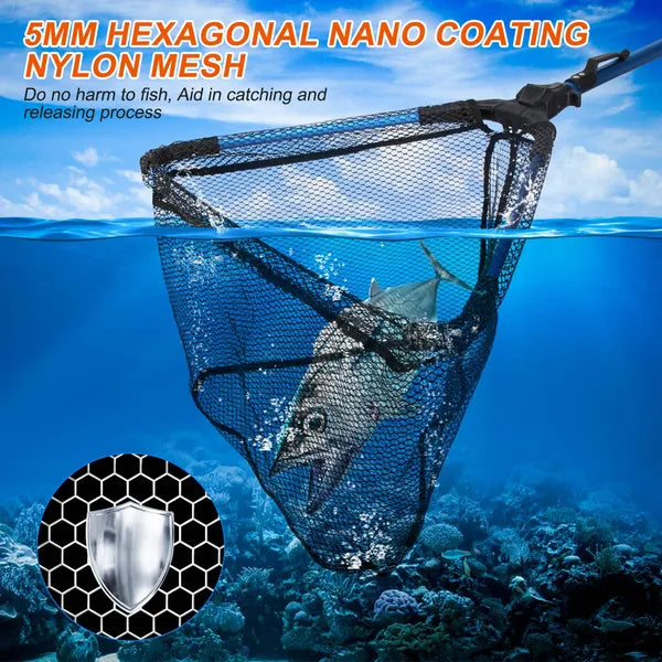 Foldable Fishing Net With Aluminum Alloy Rod EVA Handle Durable 5MM Hexagonal Nano Coating Nylon Mesh Collapsible - view 6