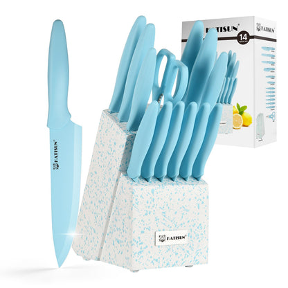 Kitchen Knife Set With Block, 14 Piece BLUE Non-Stick Paint Coating Stainless Steel Knives Set
