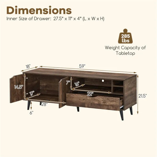 59" Rustic TV Stand For 65-inch TVs, Media Console With Cabinet, Drawer & 3 Open Shelves - view 2