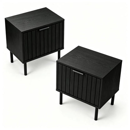 Black Fluted Drawer Nightstand Set of 2, Engineered Wood Metal Side End Table with Adjustable Foot Pads - view 3