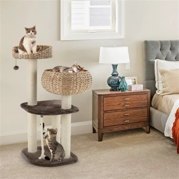 41 Inch Hand-Woven Water Hyacinth Cat Tree, 3 Sisal Scratching Posts Multi-Level Activity Center For Cats-Brown - view 3