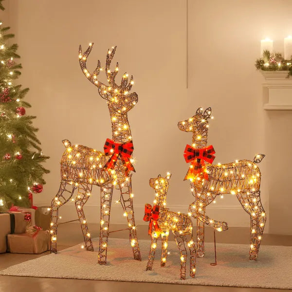 3-Piece Lighted Christmas Reindeer Family Set Outdoor Decorations, Weather Proof Rattan Deer Family Set Of 3 Christmas - view 4