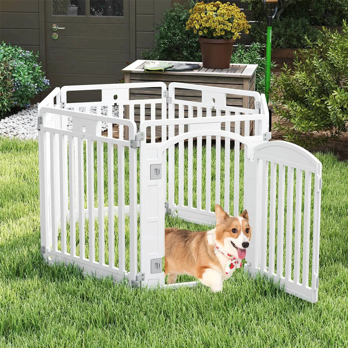6-Panel HDPE Dog Playpen - Convertible Design (Playpen/Fence), Lockable Door, Suction Cups + Ground Stakes - view 5