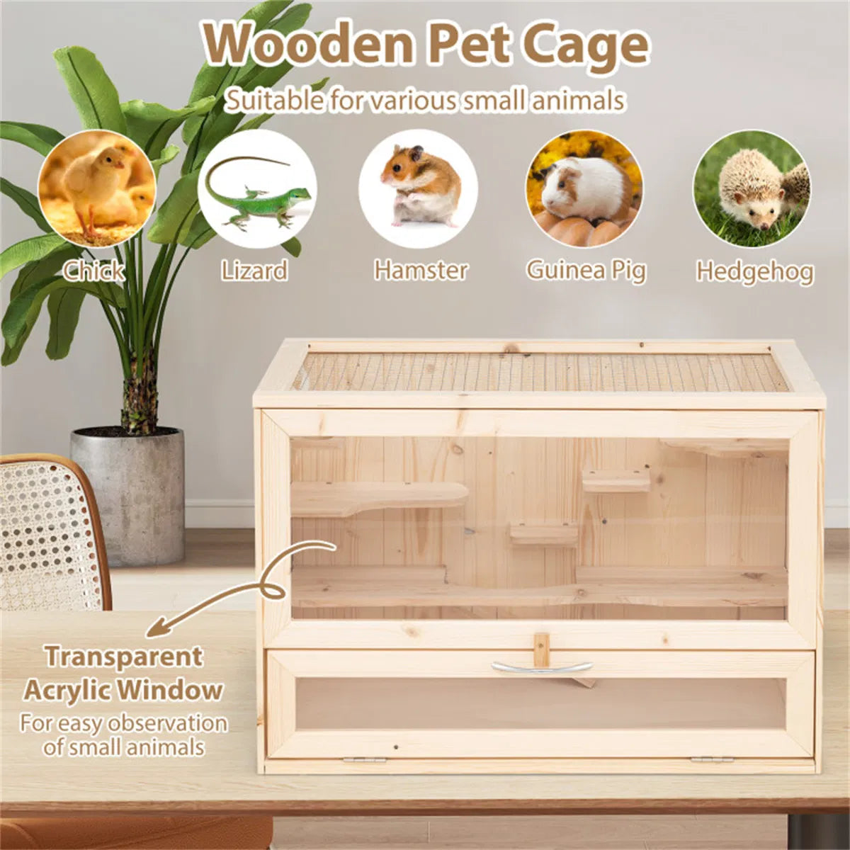 Fir Wood Hamster Cage with Flip Roof, Multi-Ladder Activity Areas for Guinea Pigs Hedgehogs - view 7