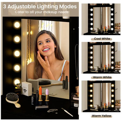 3-Color LED Lighted Vanity Desk with Charging Station - Foldable Makeup Table & Cushioned Stool Set - view 8