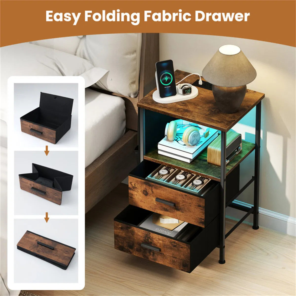 2pcs Nightstand with LED Lights & Charging Station, 2 Folding Fabric Drawers - view 7