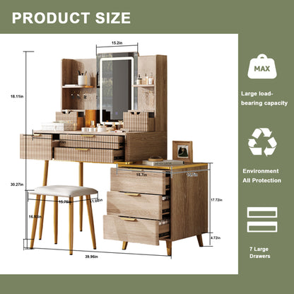 7-Drawer Vanity Desk With LED Mirror & Carved Details, Fluted Makeup Table With Metal Legs And PU Stool - view 2