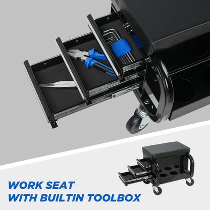 Rolling Creeper Garage Shop Seat With Three Built-in Drawers, Rolling Tool Chest,Black - view 3