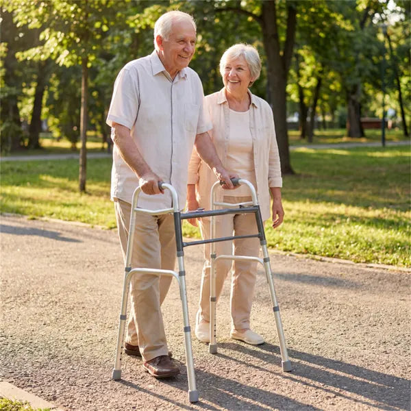Silver Foldable Walker, 2-Button Folding Mechanism & 7-Level Adjustable Height (30"-36"), 350LBS Capacity - view 4