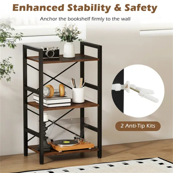 4-Tier Industrial Bookshelf (Rustic Brown+Black), Heavy-Duty Metal Frame & X-Shaped Braces - view 3