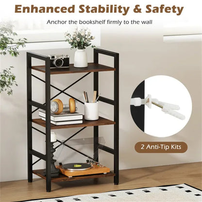 4-Tier Industrial Bookshelf (Rustic Brown+Black), Heavy-Duty Metal Frame & X-Shaped Braces - view 3