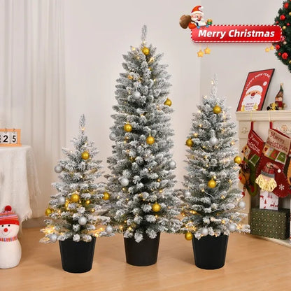 Set Of 3 Pre-lit Xmas Trees With Pot Stands, Snow Flocked Artificial Christmas Trees WithWarm Lights Battery Operated
