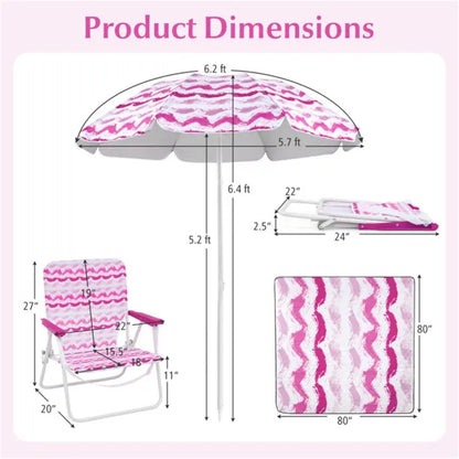 4-Piece Beach Set With 6.2ft Sun-Proof Umbrella, 2 Folding Chairs & 80 X 80 Waterproof Blanket-Pink - view 3
